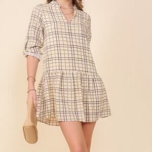 Lumiere NWT Plaid Drop Waist Mini Dress in Neutral Cream Gold Size Medium